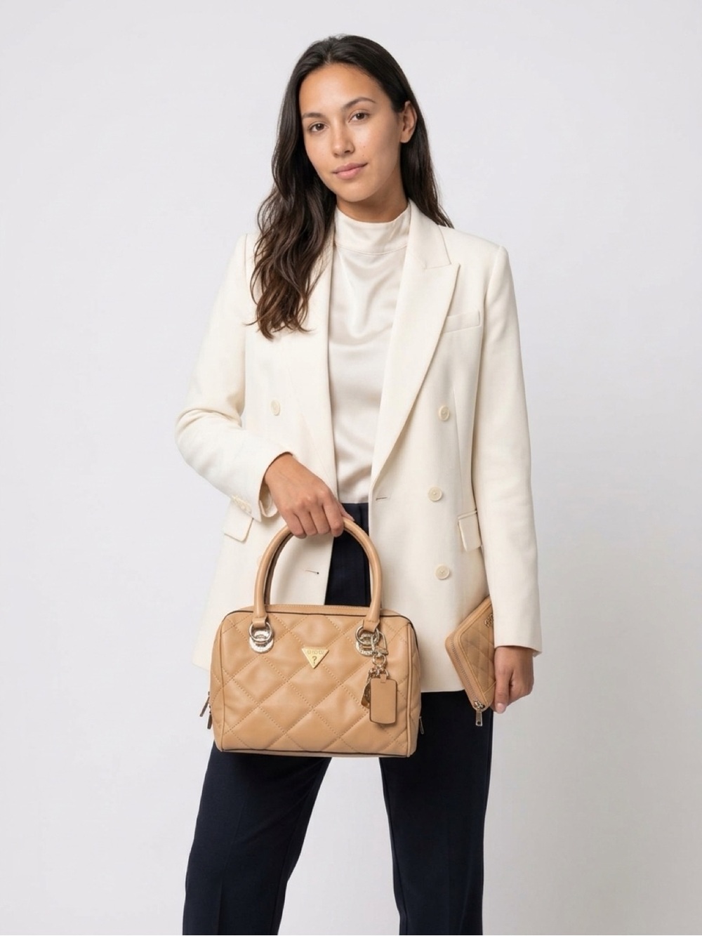 GUESS Quilted Beige-Tan Satchel with Matching Zip Wallet